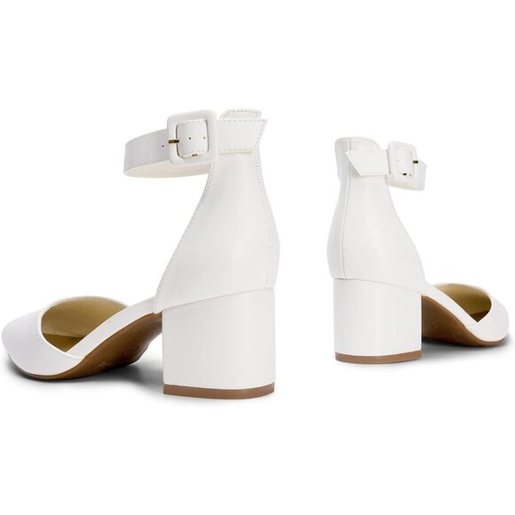🆕 Women White Chunky Closed Toe Low Block Heels Dress Pointed Ankle Strap Pump - Picture 7 of 9